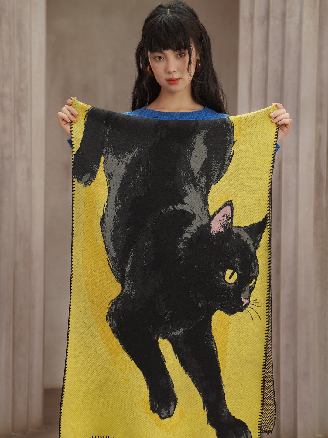 Midnight Feline  Chunky Shawl - Original Wool Blend Black Cat Knitted Scarf
