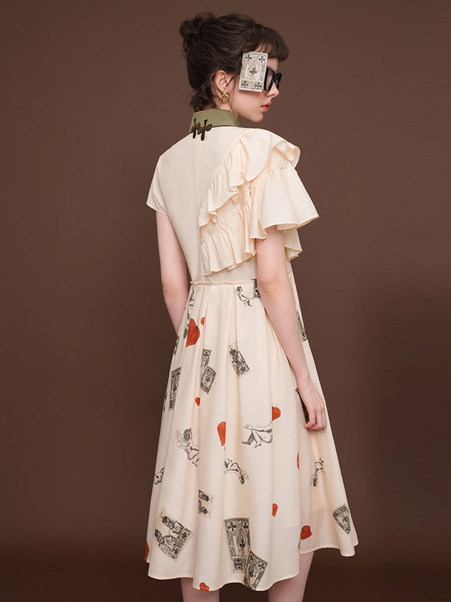 Original French retro printed floral dress for women, short sleeved romantic American retro style slimming dress