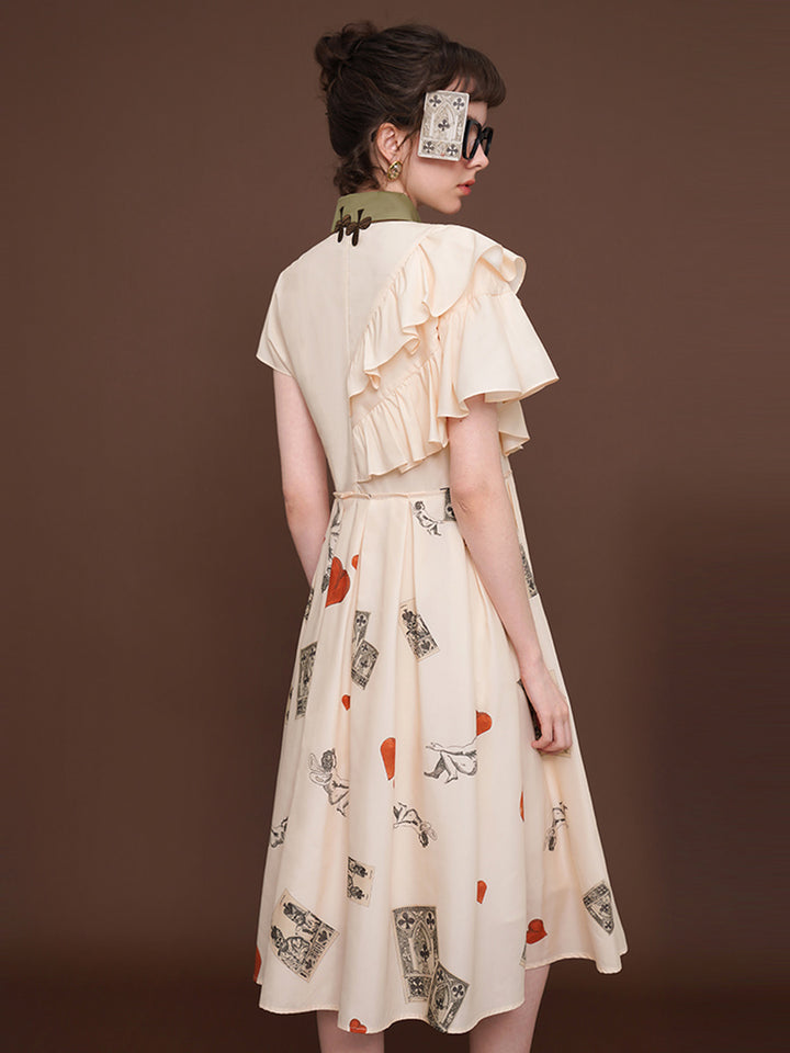 Original French retro printed floral dress for women, short sleeved romantic American retro style slimming dress