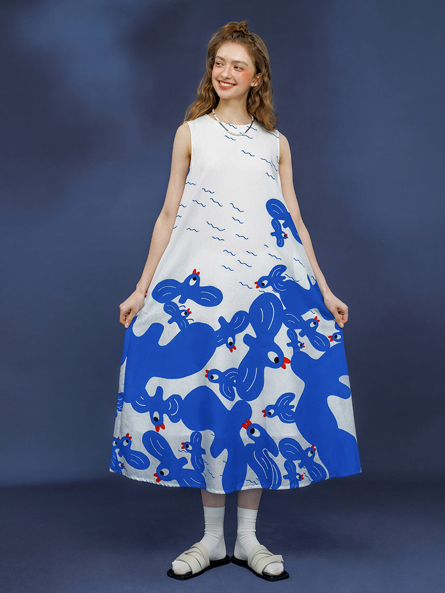 Original Summer Refreshing Blue and White Hand drawn Illustration Art Printed Dress Color Contrast Design Tank Top Long Dress