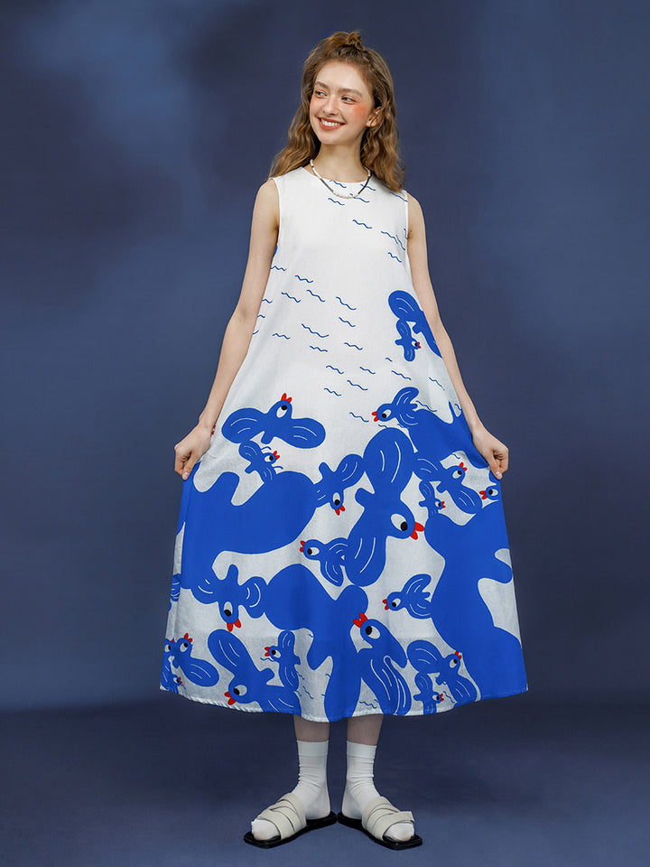 Original Summer Refreshing Blue and White Hand drawn Illustration Art Printed Dress Color Contrast Design Tank Top Long Dress