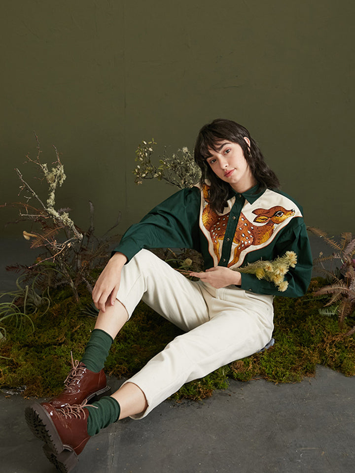 Forest Deer  Thick Cotton Shirt -  Heavyweight Embroidered Contrasting Top