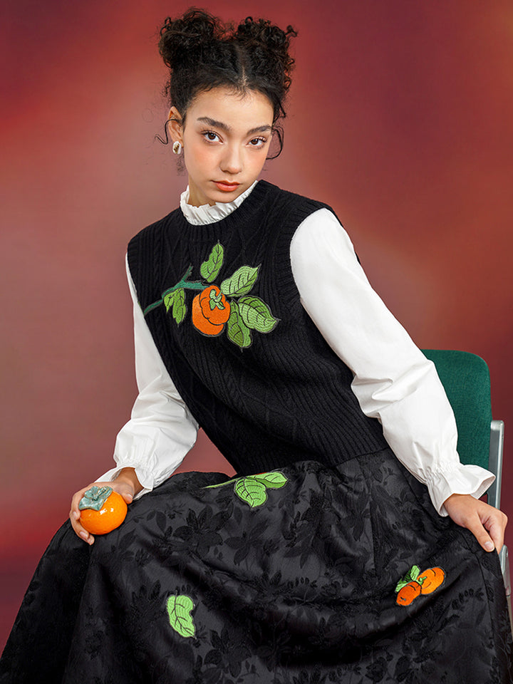Original Chinese style embroidered vest, persimmon vest, sleeveless round neck, new Chinese retro style outerwear, layered sweater
