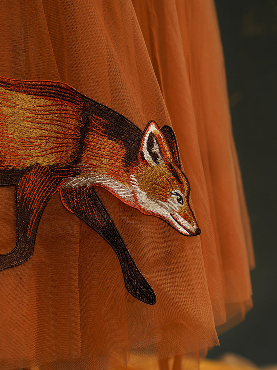 Original Fox Girl Multi layer Stacked Large Pendant Skirt Retro Maple Leaf Autumn Pong Skirt Strap Half body Skirt