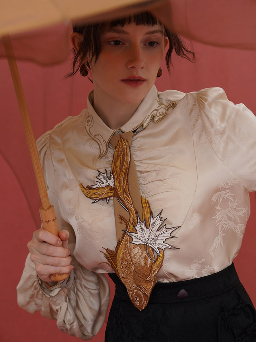Original Chinese style sinking fish leaf tie for women, paired with shirt design, niche embroidery tie accessories