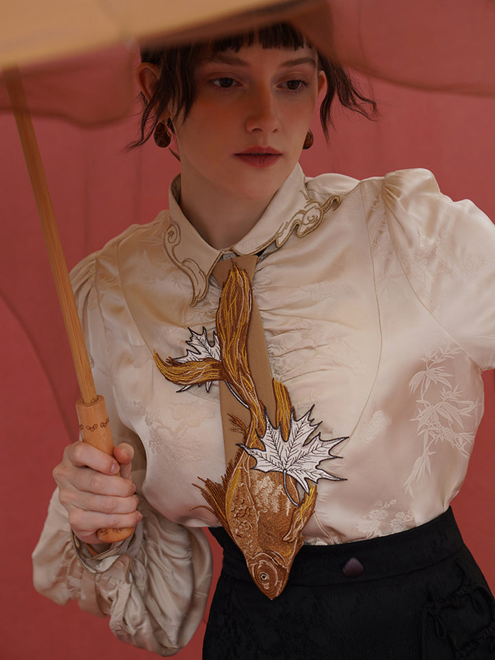 Original Chinese style sinking fish leaf tie for women, paired with shirt design, niche embroidery tie accessories