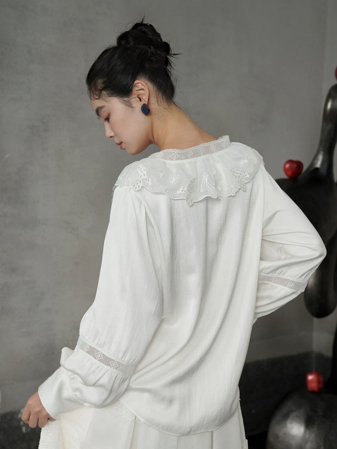 French V-Neck Embroidered Stand Collar Shirt | Romantic Girly Blouse