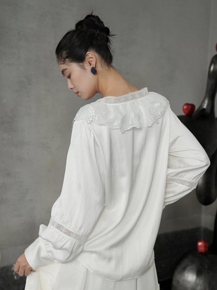 French V-Neck Embroidered Stand Collar Shirt | Romantic Girly Blouse