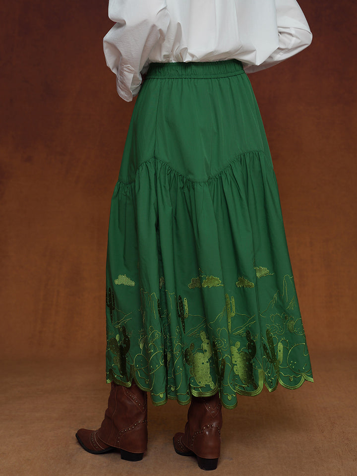 Vintage Pine Green Embroidered Midi Skirt | Relaxed Niche Design
