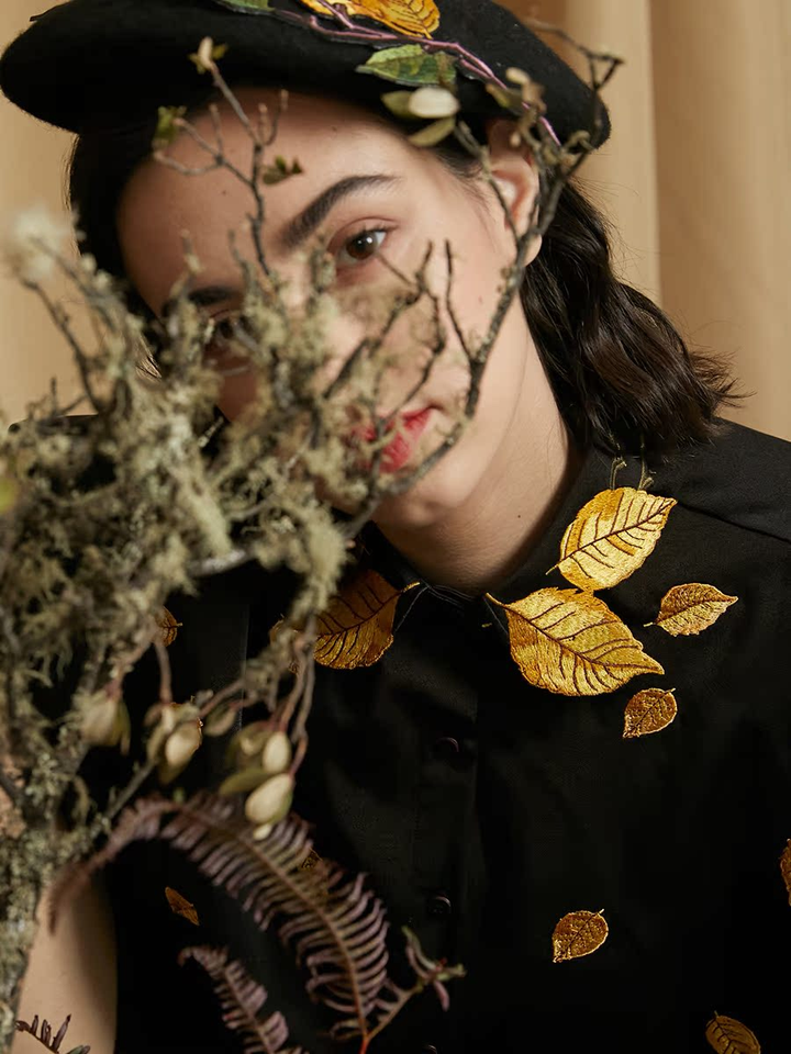 Original New Golden Leaf Embroidered Collar Bat Long Sleeve Retro French Shirt for Women Autumn and Winter