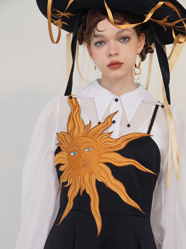 Original retro dress dress with heavy embroidery and suspender design, high waist slim fit and large swing dress for autumn and winter