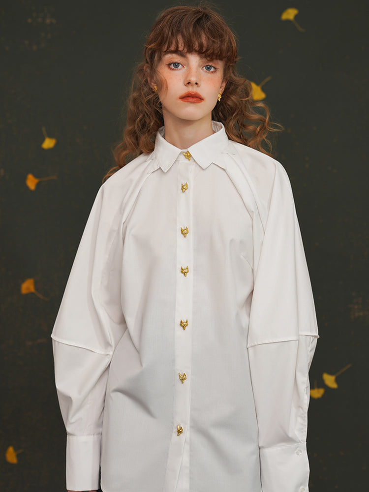 Fox Spirit  Lantern Sleeve Shirt - Heavy Embroidered Vintage White Blouse