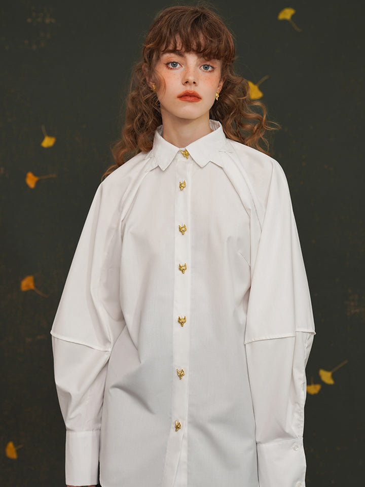 Fox Spirit  Lantern Sleeve Shirt - Heavy Embroidered Vintage White Blouse