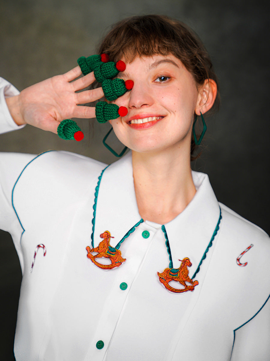 Original design, niche carousel embroidery collar splicing, retro contrasting white shirt, 2023 autumn/winter women's