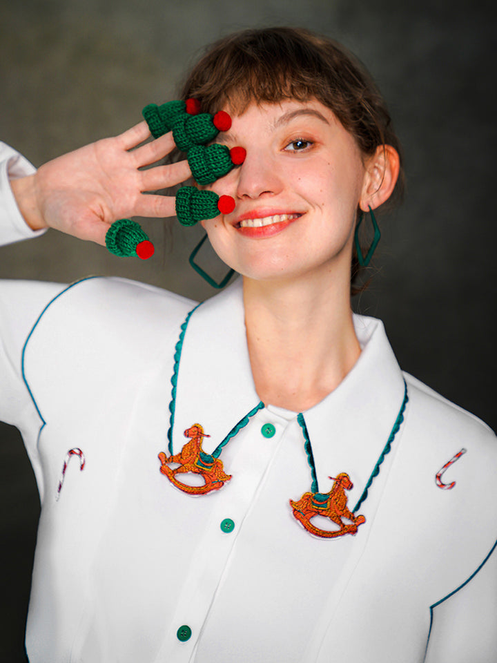 Original design, niche carousel embroidery collar splicing, retro contrasting white shirt, 2023 autumn/winter women's