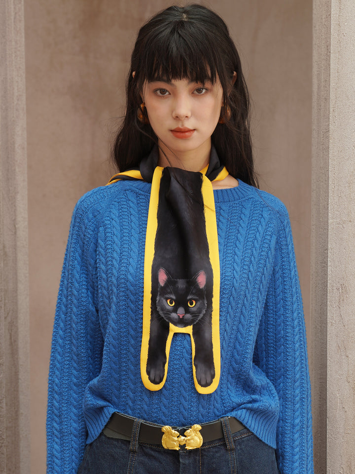 Golden Whiskers Little Black Cat Scarf - Smooth Silk-Feel Bright Yellow Neck Wrap