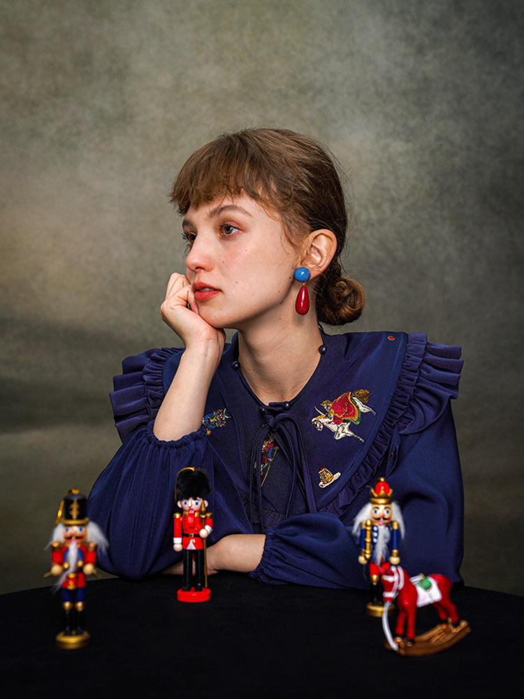 Nutcracker Embroidered Shirt with Detachable Shawl - French Retro