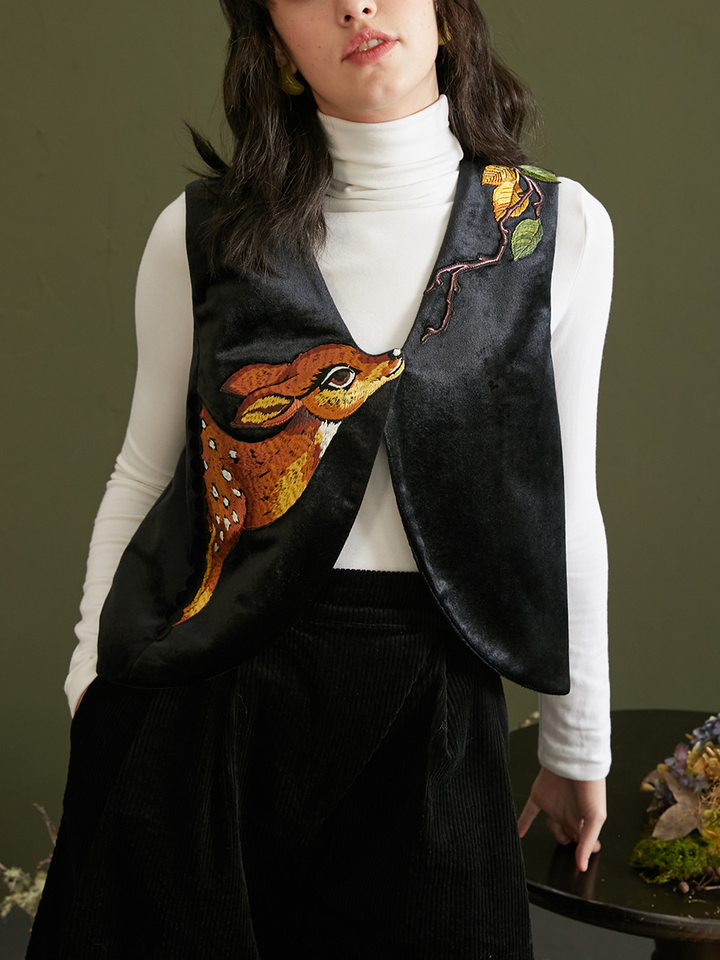 Original Design Autumn Elegant Deer Embroidery Branch Embroidery Velvet Vest V-neck Single breasted Buckle