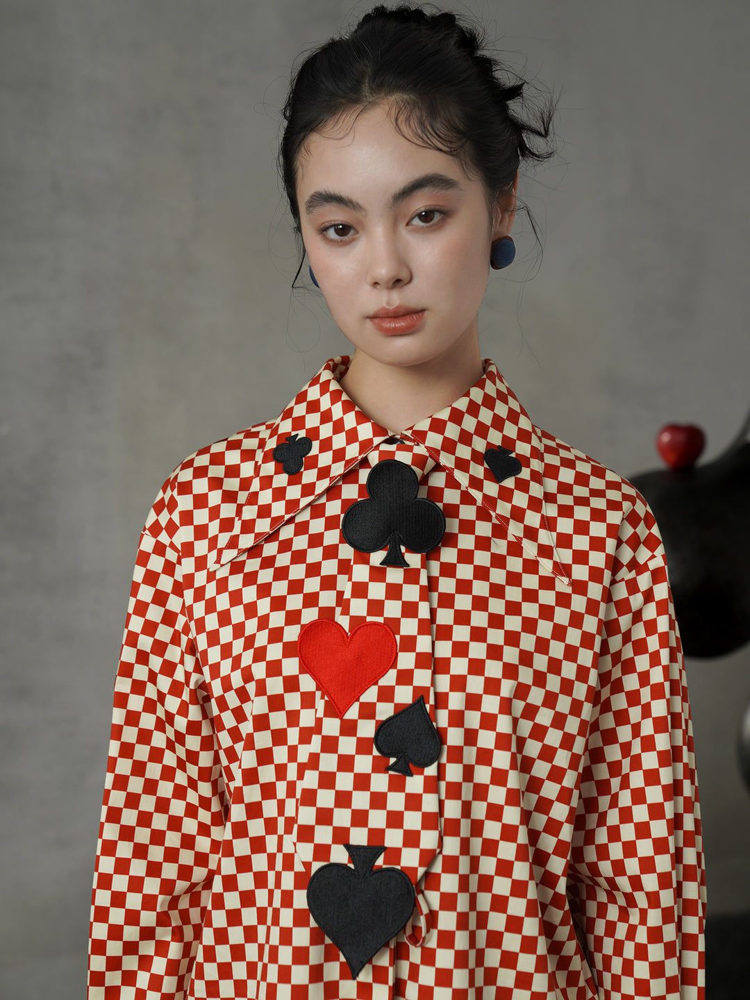 Vintage Red Diamond & Poker Embroidered Shirt | Preppy Style Lapel Blouse