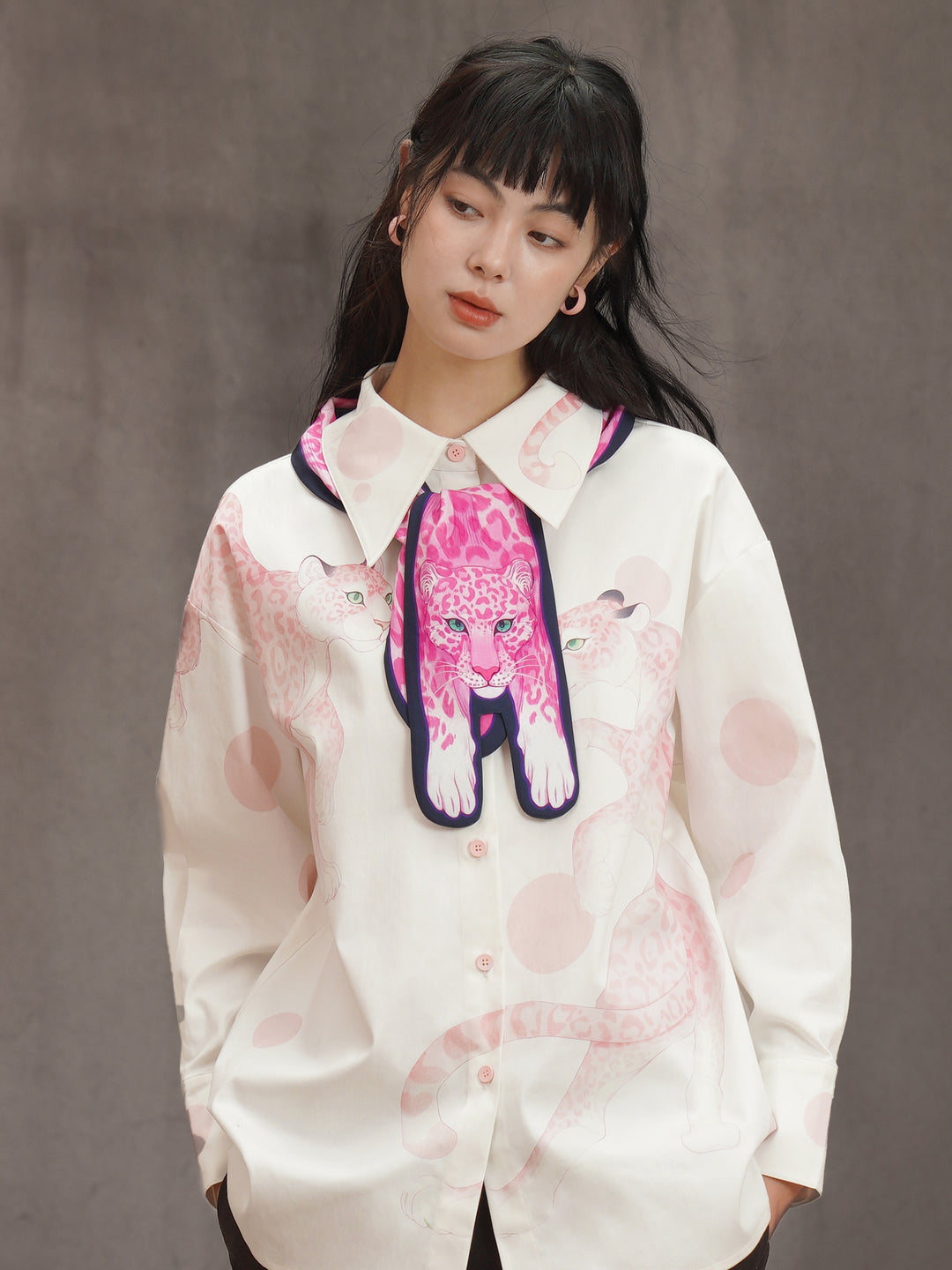 Pink Leopard Hand-Painted Shirt - Artistic Retro Oversized Lapel Blouse