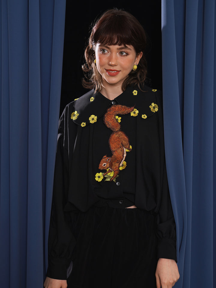 Forest Fairy Squirrel & Flower Embroidered Tie - Retro Knot-Free Niche Gift