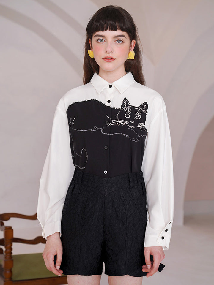 Camoooni Original design sense, contrasting color splicing shirt, niche long sleeved retro embroidered shirt, women's top