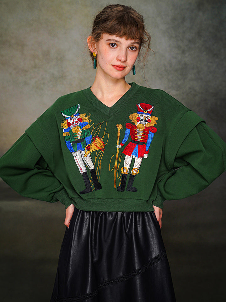 Original Design Nutcracker Embroidered Hoodie Wide V-neck Top Reduced Age Splicing Sleeves Autumn/Winter Collection
