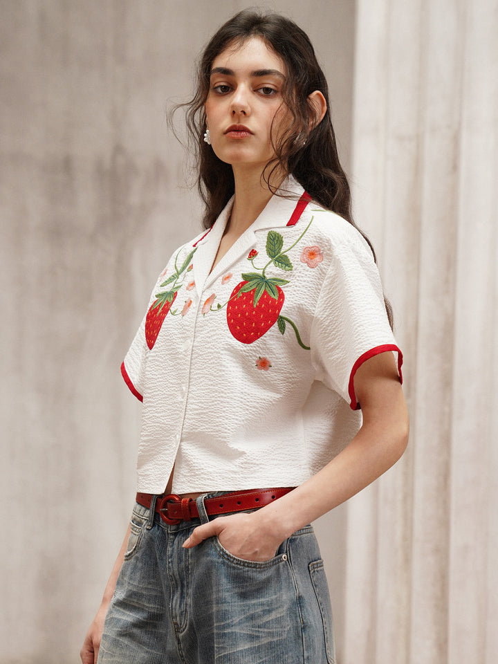 Strawberry Embroidered Cuban Collar Short-Sleeve Shirt
