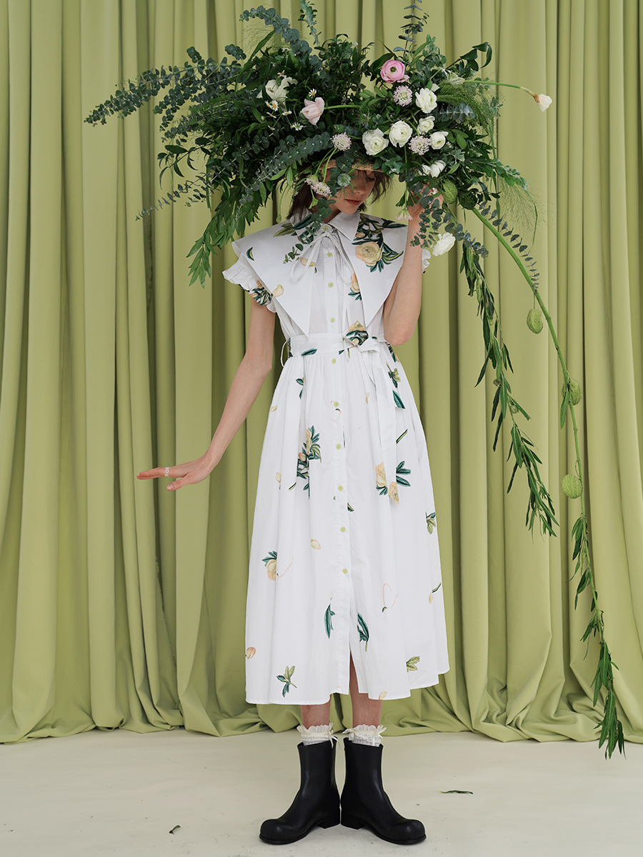 Original Early Spring French Romantic Plant Printed Tea Break Skirt for Palace Girls Retro Chic Dress for Women