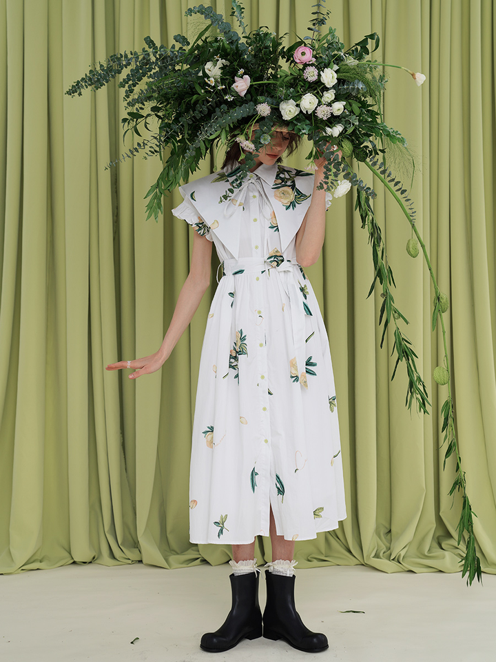 Original Early Spring French Romantic Plant Printed Tea Break Skirt for Palace Girls Retro Chic Dress for Women