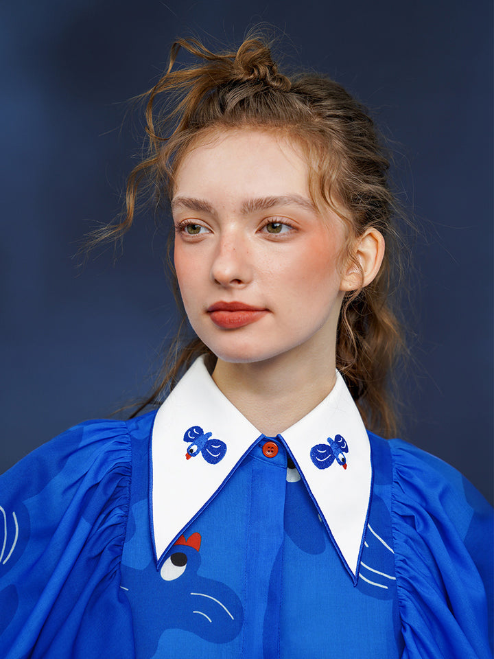 Original Retro Exquisite Bluebird Embroidered Collar Shirt with Lotus Leaf Flying Sleeves and Flip Collar Design, Printed on Shirt