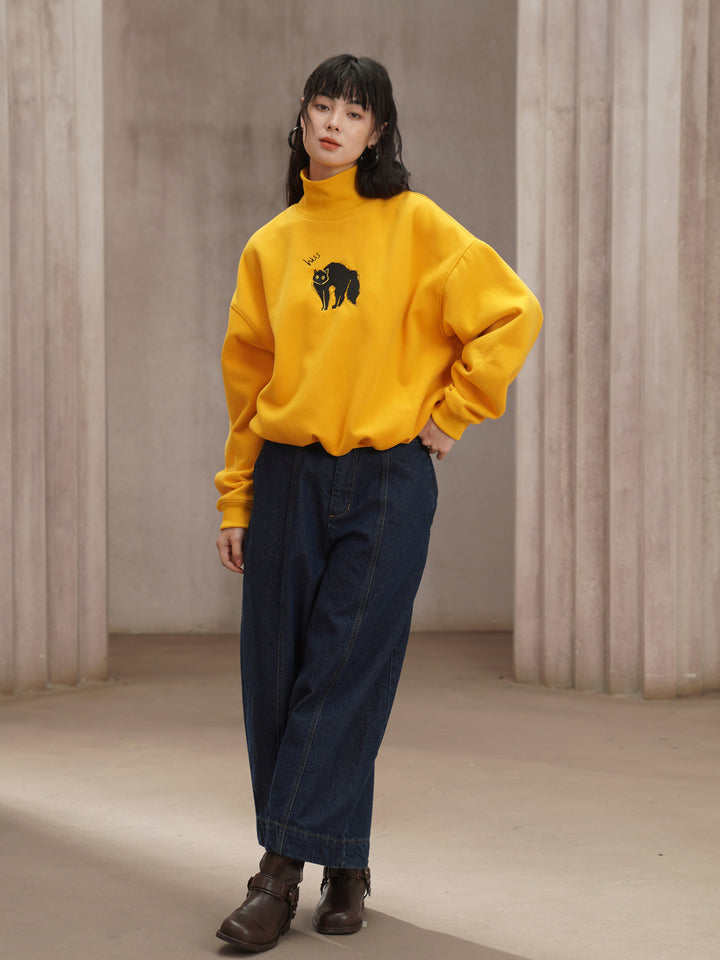 Black Cat Muse Embroidered Sweatshirt - Retro Yellow Fleece Oversized Pullove