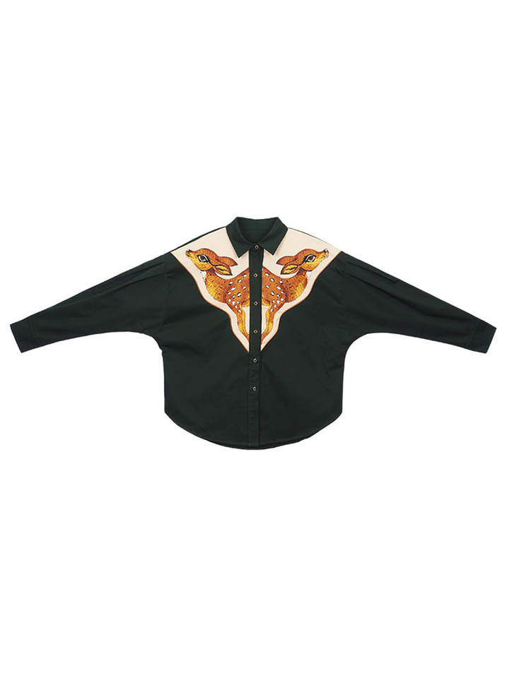 Forest Deer  Thick Cotton Shirt -  Heavyweight Embroidered Contrasting Top