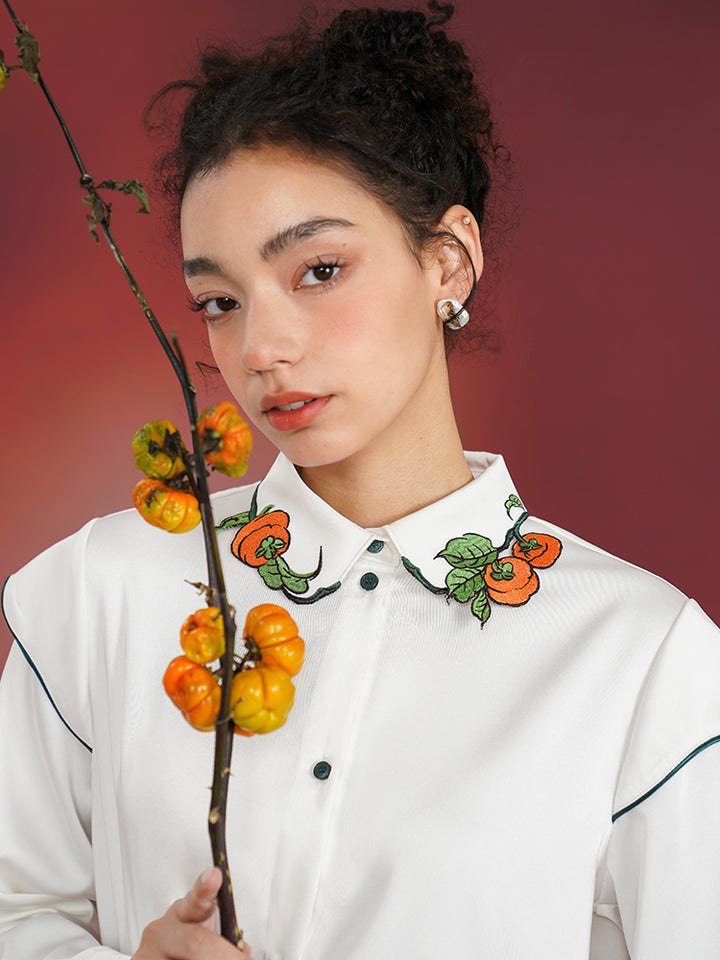 Persimmon Bliss  Cream Blouse - High-End New Chinese Retro Embroidered Top