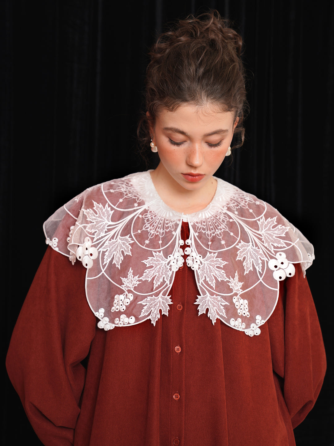 Vine Romance Lace Embroidered Blouse - French Retro Big Collar Sweet White Top