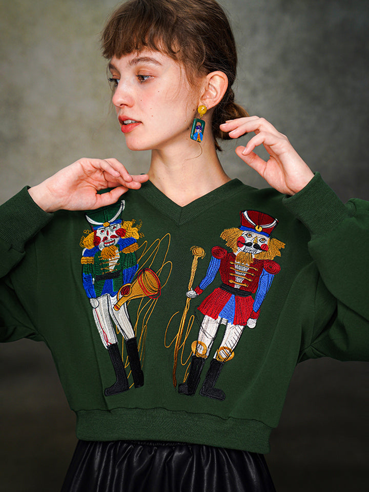 Nutcracker Embroidered Wide V-neck Hoodie with Spliced Sleeves