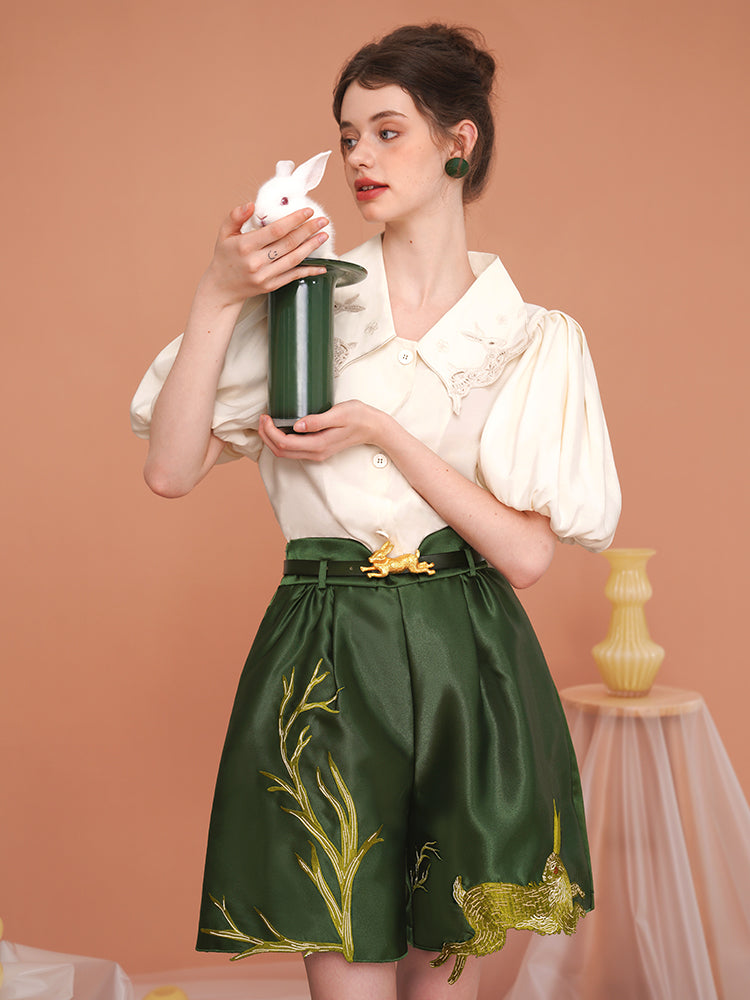 Whimsical Rabbit Tailored Bermuda Shorts - Slimming High-Waist Embroidered Casual Pants
