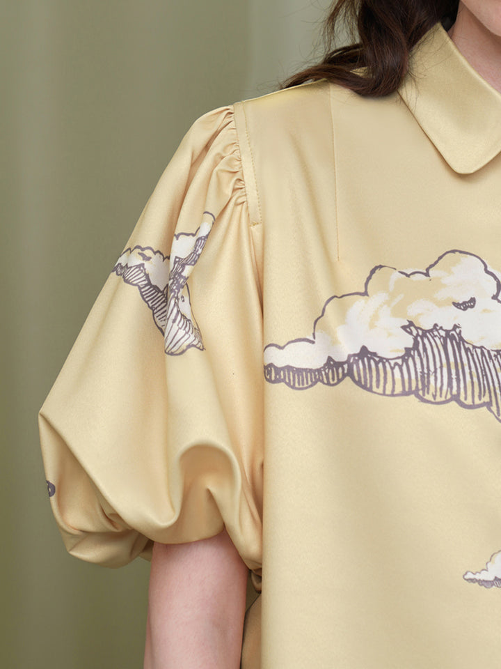 Original 2025 new design sense niche short sleeved printed bubble sleeve flower shirt women's retro top short