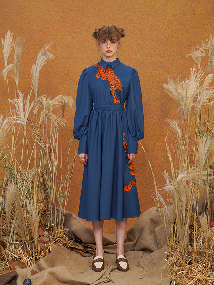 Blue Tiger  French Dress - Original Embroidered Slimming Commuting Midi