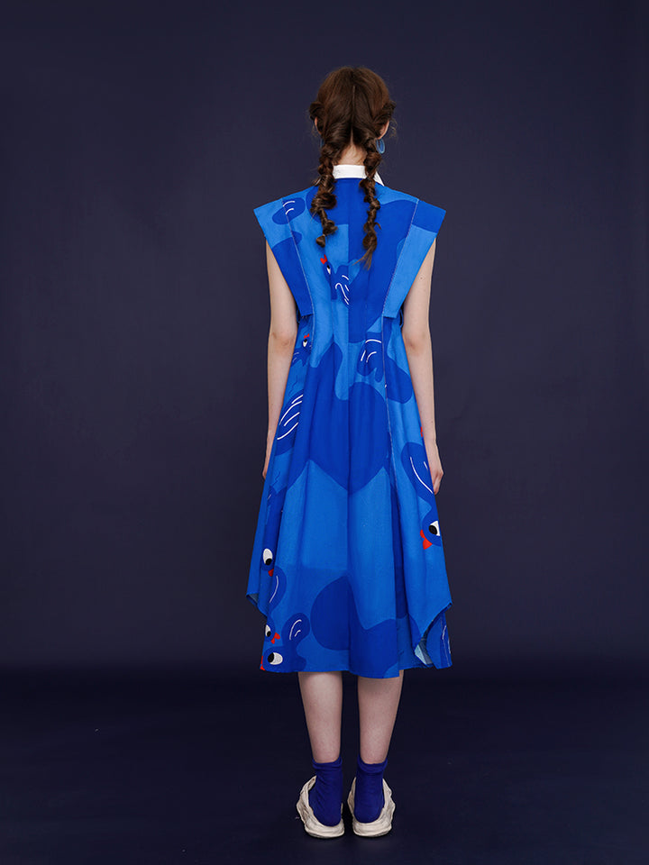 Blue Aviary French Retro Dress - Bird Graffiti Print Sleeveless Slimming Maxi