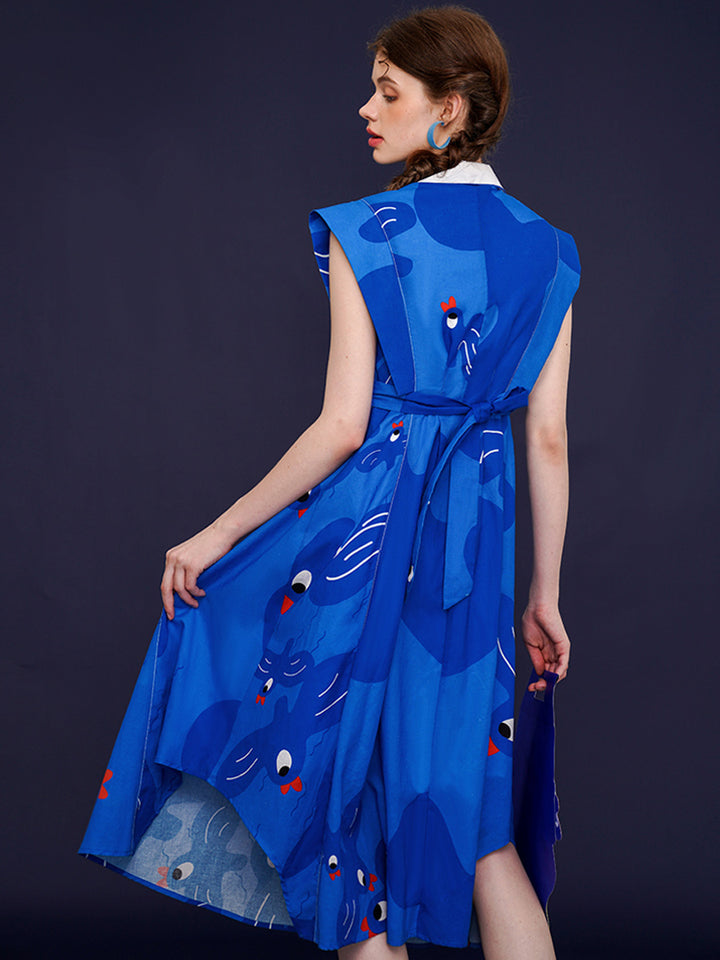 Original French Retro Bird Graffiti Printed Sleeveless Dress, Women's Blue Long Dress, Stylish and Slimming Skirt