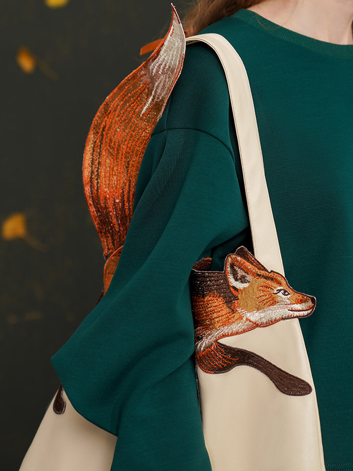 Original Design Fun Leaping Fox Shoulder Bag CAMOOONI Large Capacity Embroidered PU Handheld Canvas Bag for Women