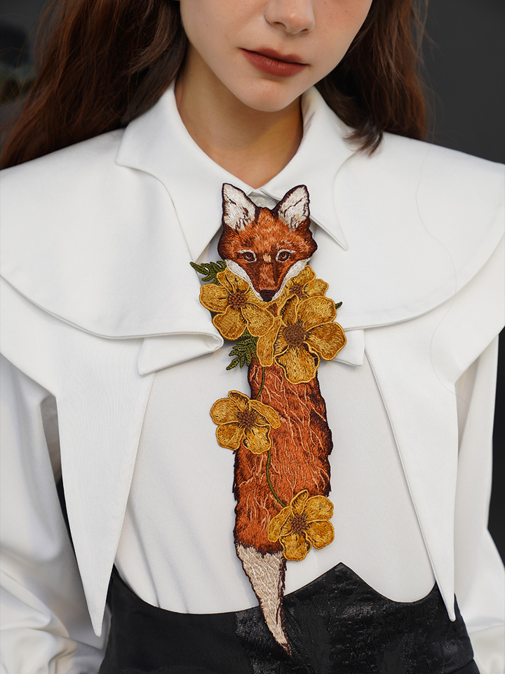 Original retro embroidery women's tie, female fox tail and flower knot free shirt, designer's niche combination