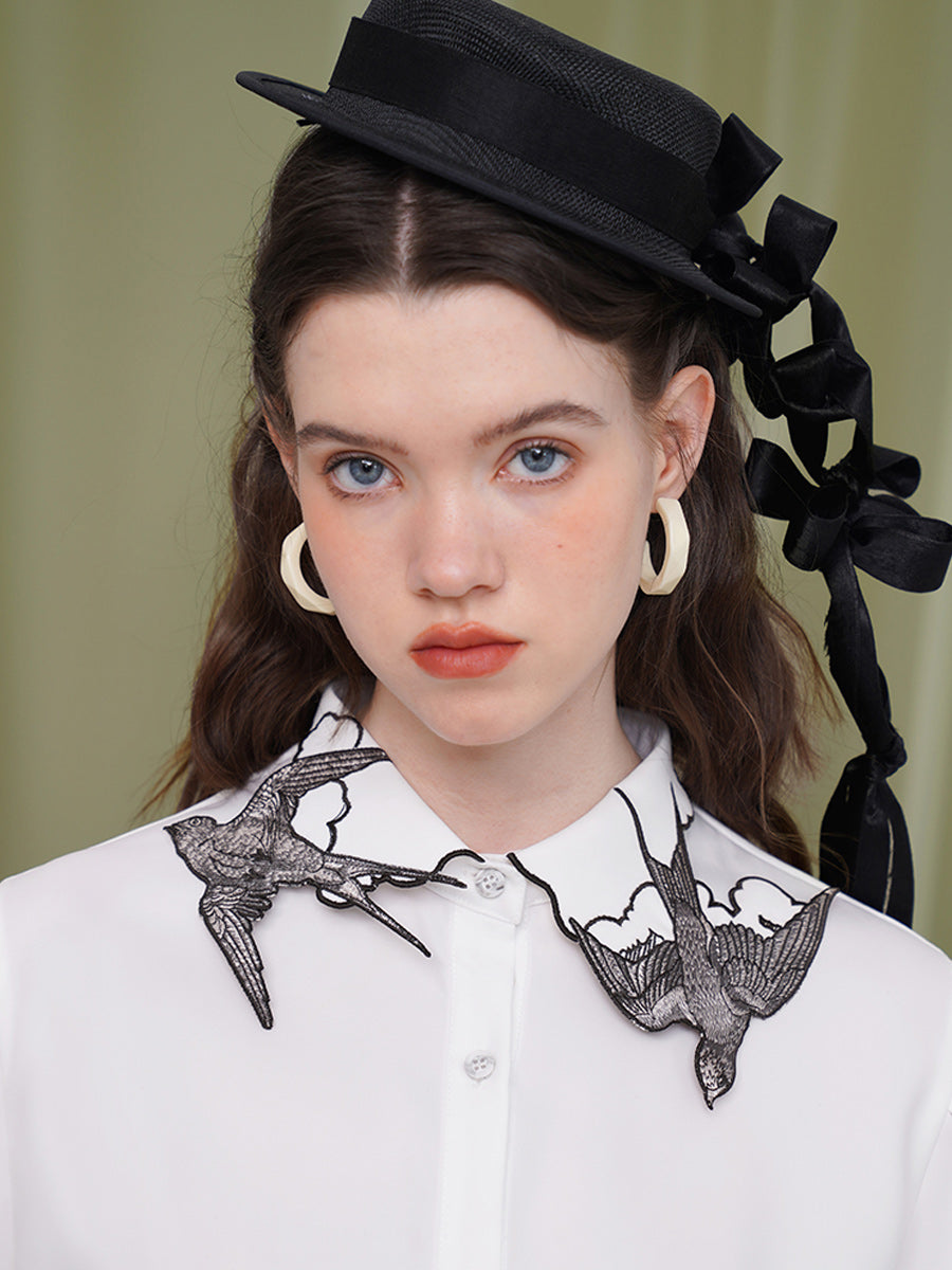 Original Embroidered Collar White Shirt Designer Style Small and Beautiful Versatile Top Women's Long Sleeve