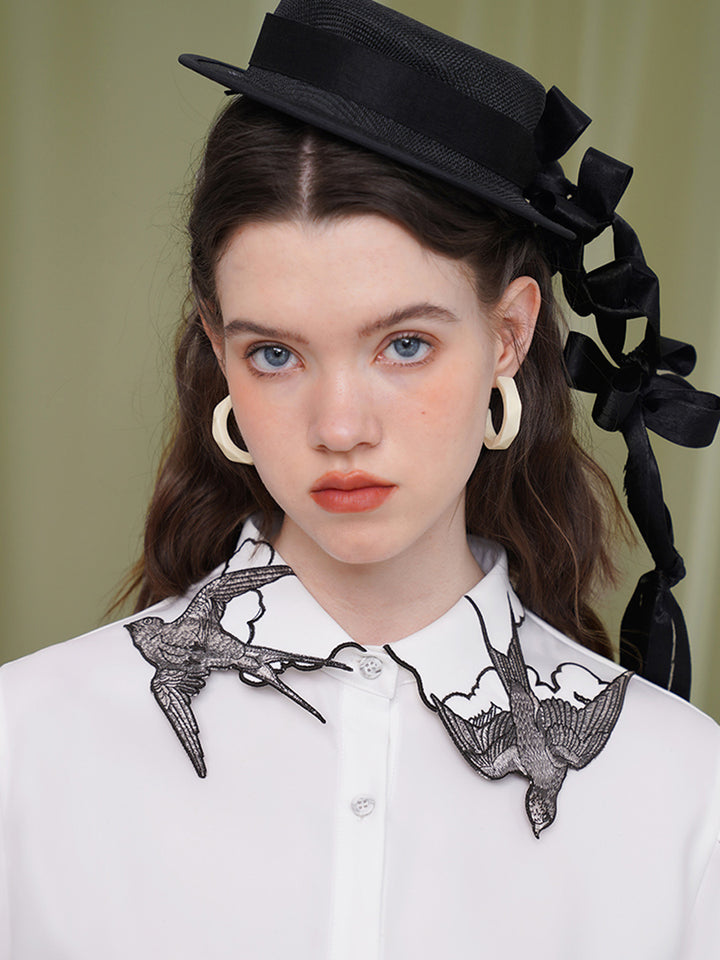 Original Embroidered Collar White Shirt Designer Style Small and Beautiful Versatile Top Women's Long Sleeve