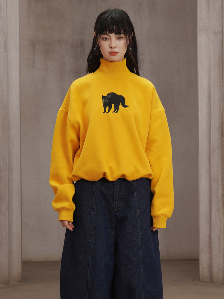 Sun Yellow Embroidered Black Cat Sweatshirt - Retro Streetwear Pullover with Half High Neck, Cute Embroidery Graphic Sweatshirt for Women