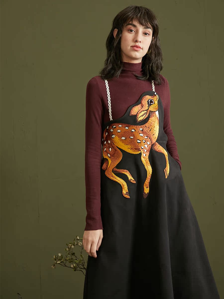 Original Design 2025 New Autumn Elegant Deer Heavy Embroidery Waist Curved Strap Big Swing Skirt
