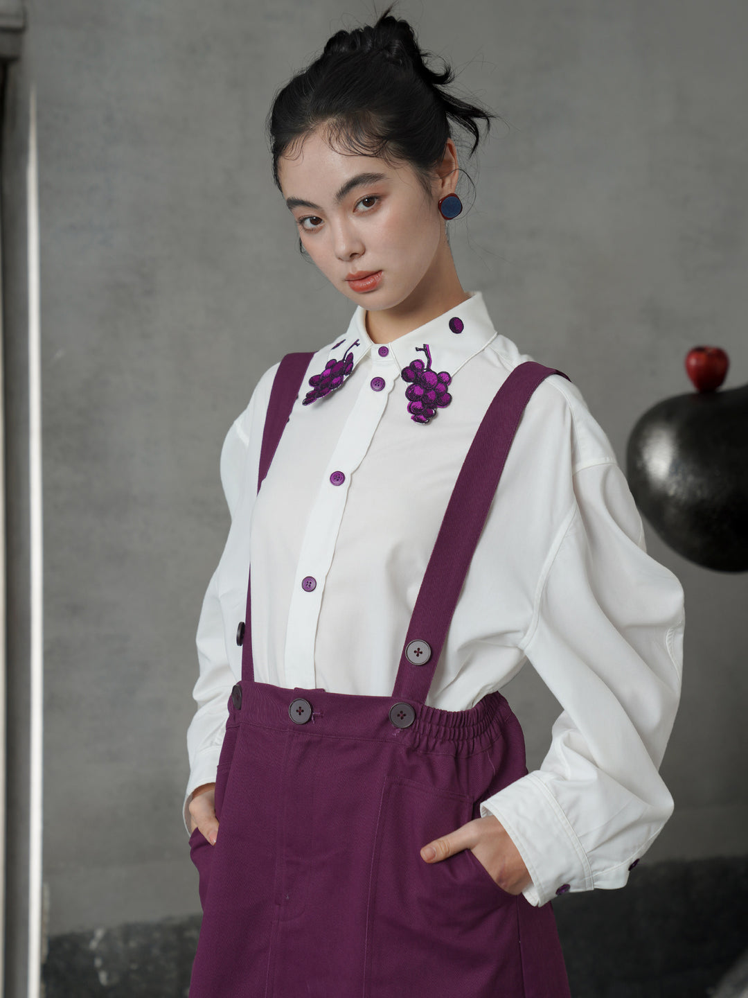 Vintage Grape Purple Embroidered Shirt | Contrast White Lapel Blouse