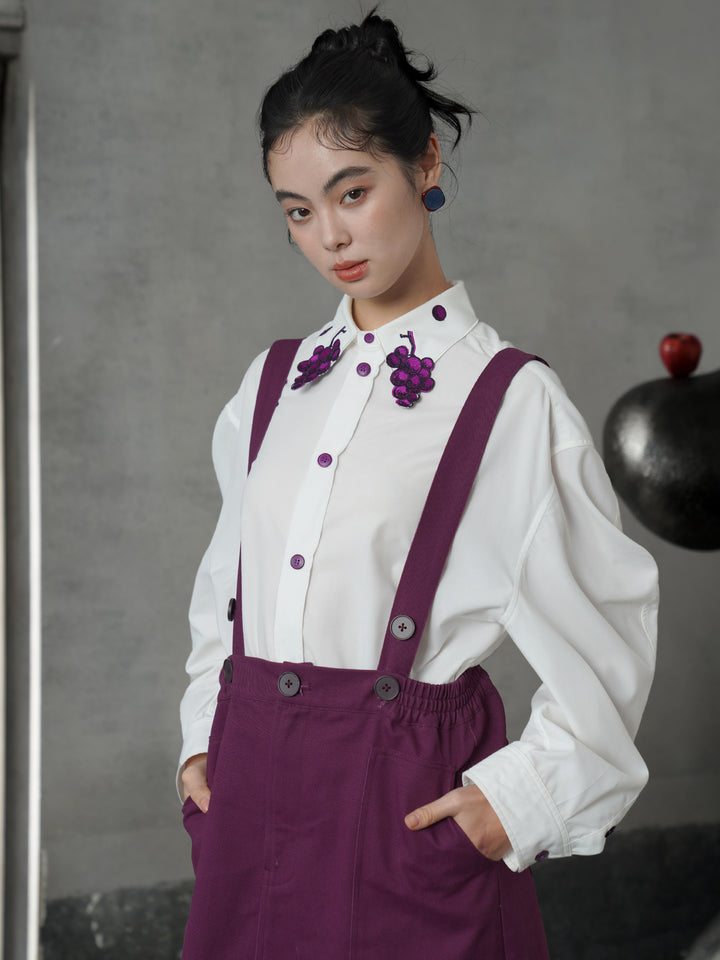 Vintage Grape Purple Embroidered Shirt | Contrast White Lapel Blouse