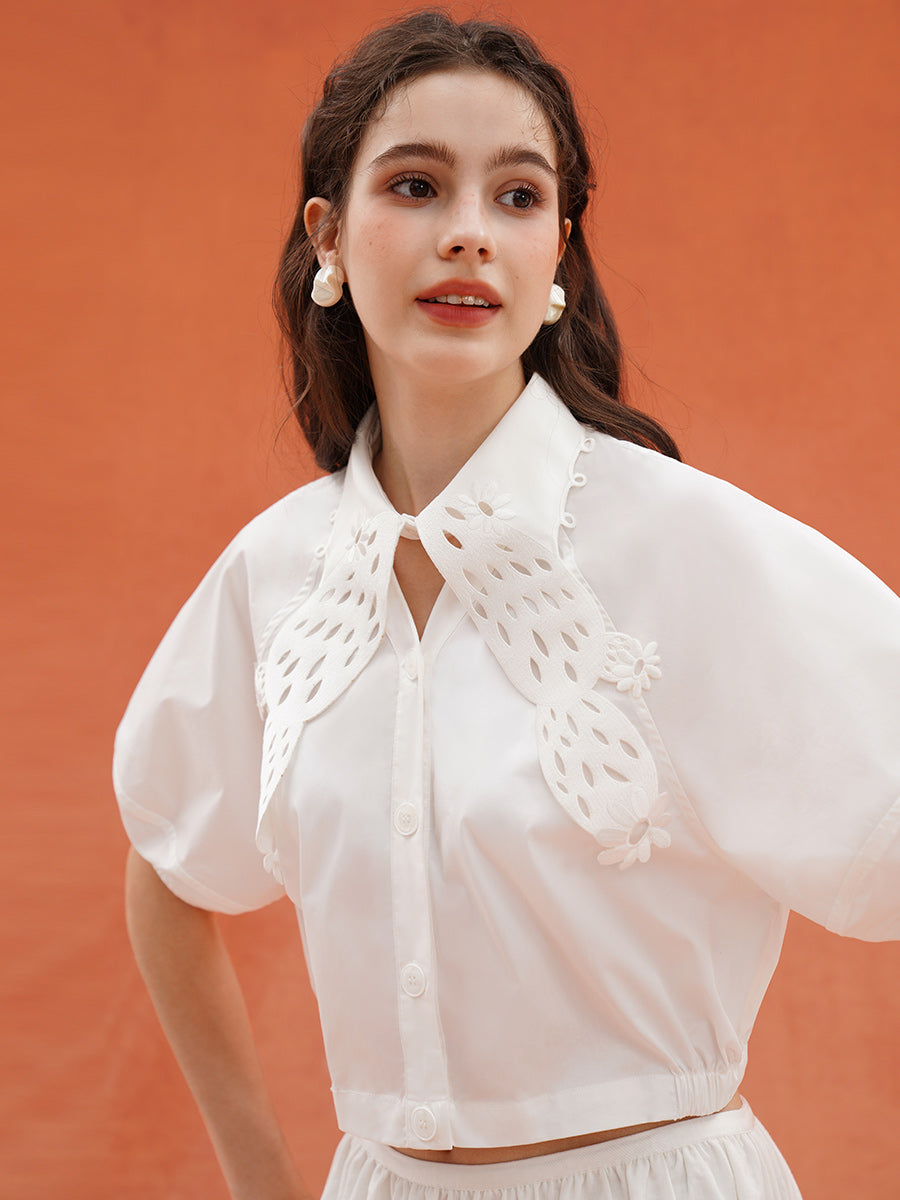 Original plant embroidery small V-neck hollow collar shirt wrinkle resistant breathable fabric short shirt versatile